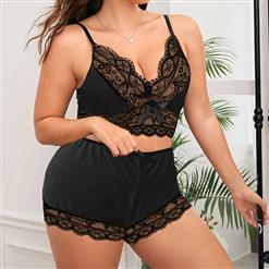 Sexy Plus Size Lace Spaghetti Strap Crop Top and Short Pants Lingerie Set N22940