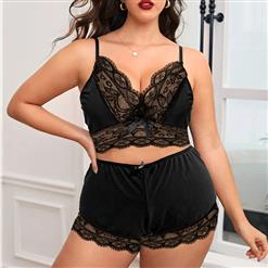 Sexy Plus Size Lace Spaghetti Strap Crop Top and Short Pants Lingerie Set N22940