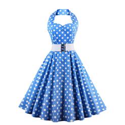 Vintage Wave Point Printing Light-blue Hanging Neck Backless Cocktail Party Midi Dress N23002