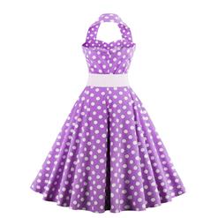 Vintage Wave Point Printing Purple Hanging Neck Backless Cocktail Party Midi Dress N23004