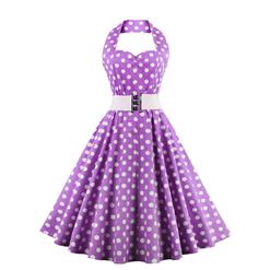 Vintage Wave Point Printing Purple Hanging Neck Backless Cocktail Party Midi Dress N23004