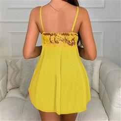 Sexy Yellow Lace Low Bra Backless Spaghetti Straps Babydoll Sleepwear Lingerie N23052