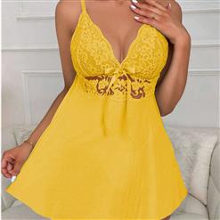 Lace Babydoll, Yellow Backless Lace Babydoll, Lace Sleepwear Dress, Bowknot Lace Babydoll Lingerie, Sexy Yellow Lace Low Bra Backless Spaghetti Straps