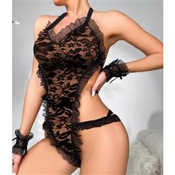 Super Hot Black Lace-up See-Through Lace Bodysuit Teddies Lingerie N23270