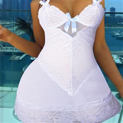 Sexy White Lace Low-bra Mesh Bowknot Backless Spaghetti Straps Babydoll Sleepwear Lingerie N23274
