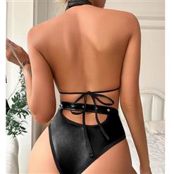 Sexy Glossy PU Haning Neck Lace-up Backless Elastic Bodysuit Teddies Lingerie N23335