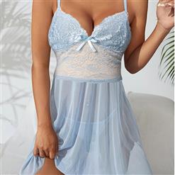 Sexy Blue Lace Low-bra Adjustable Spaghetti Straps Soft Babydoll Sleepwear Lingerie N23393