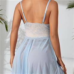 Sexy Blue Lace Low-bra Adjustable Spaghetti Straps Soft Babydoll Sleepwear Lingerie N23393