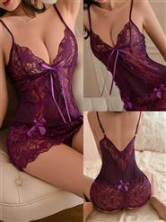 Lace Trim Sexy V-Neck Purple Lingerie Set with Bow Details - Elegant and Seductive Nightwear for Women N23705