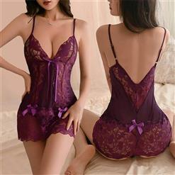 Lace trim lingerie, V-neck nightwear, Purple lingerie set, Sexy women's underwear, Bow detail lingerie, Elegant sleepwear, Seductive nightdress, Women's intimate apparel, Luxury lingerie set, Feminine sleepwear collection #N23705