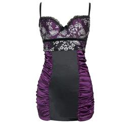 Sexy Black and Purple Ruffle Patchwork Floral Lace Spaghetti Straps Mini Dress Chemise N2647