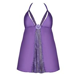 Romantic Purple Charmeuse and Lace Hollow-out Open Bust Babydoll Lingerie Set N4020