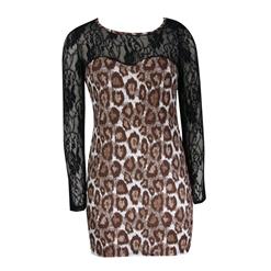 Sexy Leopard Pattern Sheer Lace Long Sleeve Bodycon Mini Dress N4735