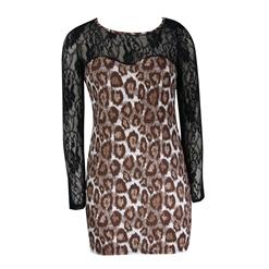 Sexy Leopard Pattern Sheer Lace Long Sleeve Bodycon Mini Dress N4735