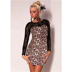 Sexy Leopard Pattern Sheer Lace Long Sleeve Bodycon Mini Dress N4735