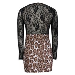 Sexy Leopard Pattern Sheer Lace Long Sleeve Bodycon Mini Dress N4735