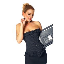 Classical Black Strapless Ruffle Pinstripe Secretary Overbust Corset N5162