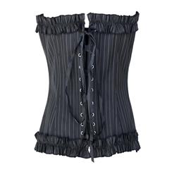 Classical Black Strapless Ruffle Pinstripe Secretary Overbust Corset N5162