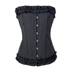 Classical Black Strapless Ruffle Pinstripe Secretary Overbust Corset N5162