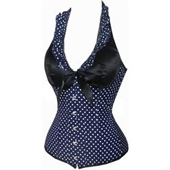 Halter Polka Dot Corset Top, Blue Polka Dot Halter Corset, Halter Polka Dot Corset, #N5333