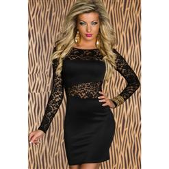 Lace Inser tLong Sleeves Dress, Black Lace Dress, Long Sleeves Mini Dress, #N5337