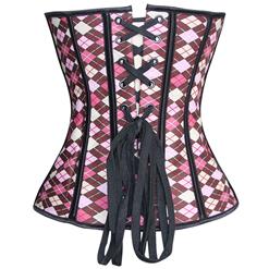 Sexy Pink Vintage Front Zipper Plaid Print Strapless Overbust Corset N5382