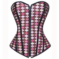 Sexy Pink Vintage Front Zipper Plaid Print Strapless Overbust Corset N5382