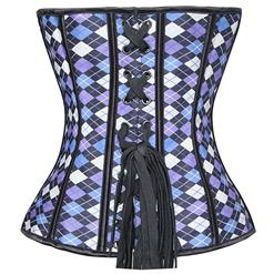 Sexy Blue Vintage Front Zipper Plaid Print Strapless Overbust Corset N5384