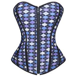 Sexy Blue Vintage Front Zipper Plaid Print Strapless Overbust Corset N5384