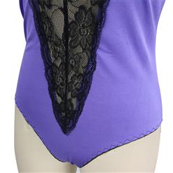 Sexy Purple Spaghetti Straps Deep V  Front Lace Backless Bodysuit Lace Teddies Lingerie N5600