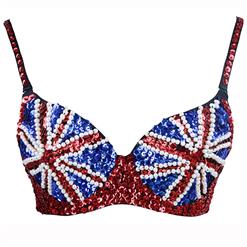 Sexy Beads Trims Uk Flag Push Up Bra Top, Dancewear Gogo Dance, Beads Trims Uk Flag Dancewear Gogo, #N5910