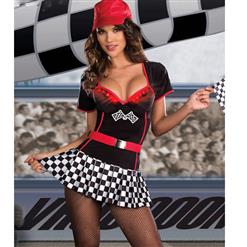 Sexy Short Red-black Racing Girl V-neck Adult Costume with Belt and Cap N6197