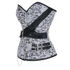 Steampunk Black and Silver Brocade Waist Cincher Strapless Overbust Corset N6222