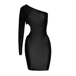Sexy Black One-shooulder Cut Out Clubwear Bodycon Mini Dress N6425