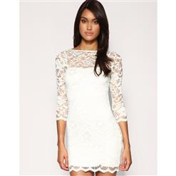 3/4 Length Sleeves Dress, Lace White Dresses, Sexy Slash Neck Dress, #N6473