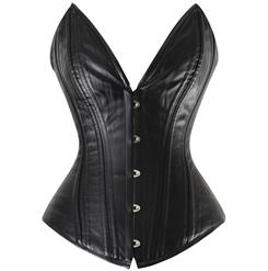 Punk Black Deep V Faux Leather Steel Boned Overbust Corset N6546