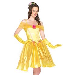 Adult Yellow Princess Belle Off Shoulder Midi Dress Role Play Cosplay Costume N6559