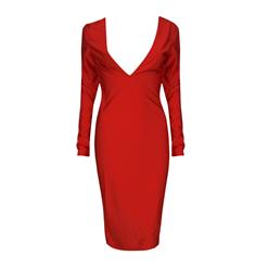 Sexy Red Low Cut Long Sleeve Party Bodycon Dress N6618