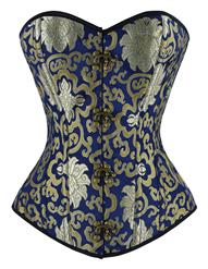 Steampunk Blue & Gold Brocade Steel Boned Overbust Front Busk Closure Corset N6728