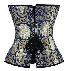 Steampunk Blue & Gold Brocade Steel Boned Overbust Front Busk Closure Corset N6728