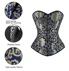 Steampunk Blue & Gold Brocade Steel Boned Overbust Front Busk Closure Corset N6728