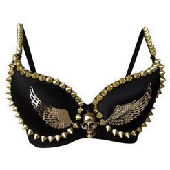 Punk Golden Wing Bra Top, Golden Wing & Skull Spike Studded Rivet Bra Top, Gold Spike Studded Bra Top, #N6756