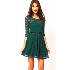 Charming Green Floral Lace Three Quarter Sleeve Cocktail Skater Dress with Belt N6812
