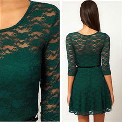 Charming Green Floral Lace Three Quarter Sleeve Cocktail Skater Dress with Belt N6812
