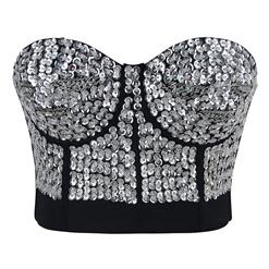 Silver Sequin Bralette Corset Crop Top, Sequin Bralette Corset Crop Top, Silver Sequin Studded Sweet Heart Top, #N7192