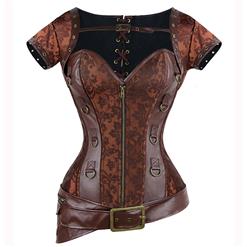 Coffee Faux Leather and Brocade Corset, Shrug & Belt D-Ring Corset, Steampunk Corset with Detachable Belt and Jacket, #N7941