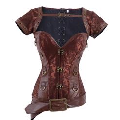 Brown Faux Leather and Brocade Corset, Jacket & Belt D-Ring Corset, Steampunk Corset with Detachable Belt and Jacket, #N7942