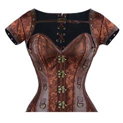 Brown Faux Leather and Brocade Corset, Jacket & Belt D-Ring Corset, Steampunk Corset with Detachable Belt and Jacket, #N7942