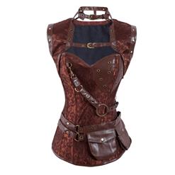 Brown Faux Leather and Brocade Corset, Steel Boned Corset with Jacket, High Neck Pocket Corset, #N7943