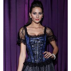Short Sleeves Lace Up Corset, Floral Brocade Lace Up Corset, Black Jacquard Organza Sleevees Corset, #N8400